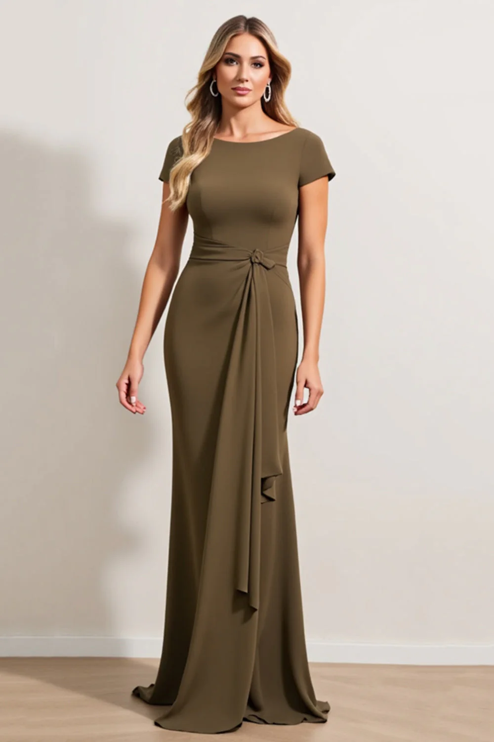 Olive Sheath Ruched Boat Neck Long Mother of the Bride Dress with Sash - JUORTHO