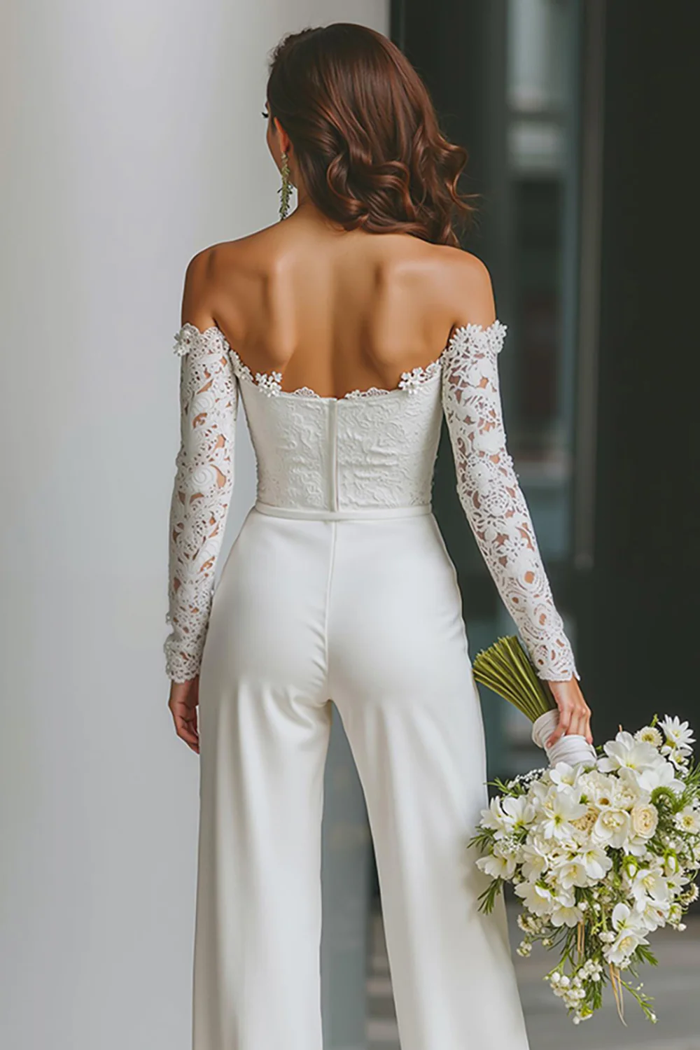 White Long Sleeves Off the Shoulder Bridal Jumpsuits with Pockets - JUORTHO
