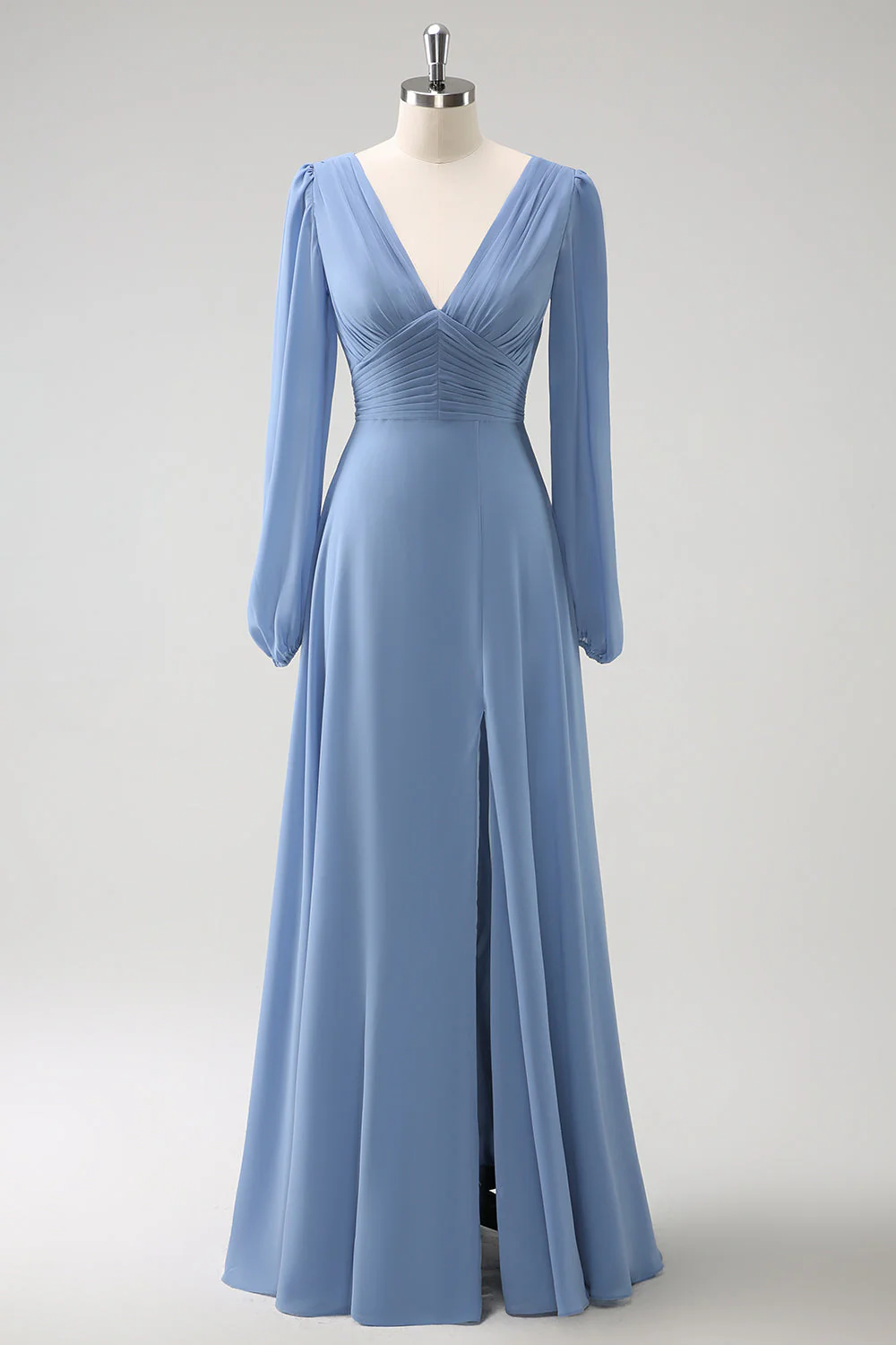 A Line Grey Blue V-Nack Chiffon Bridesmaid Dress with Long Sleeves - JUORTHO