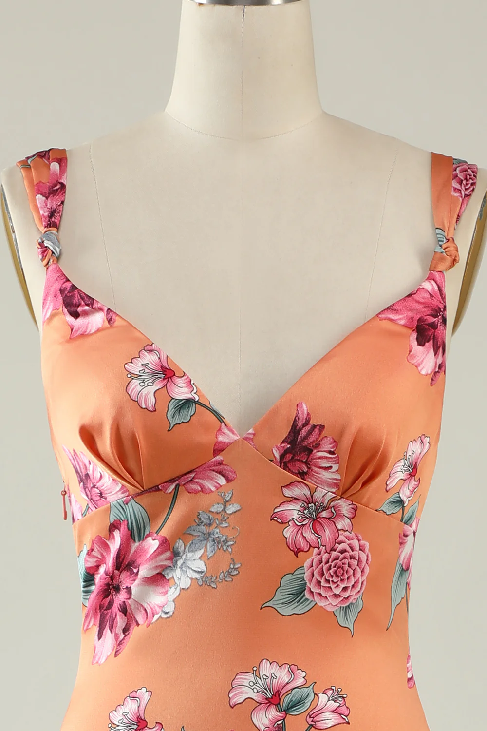 Orange Flower Printed Satin Bridesmaid Dress - JUORTHO