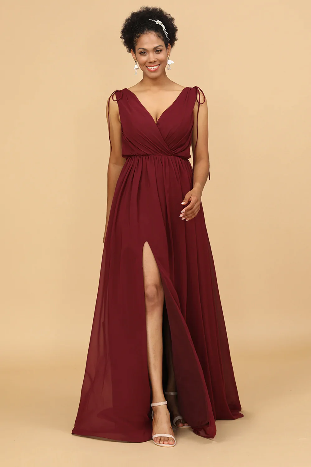 Burgundy V-Neck Lace Up Bridesmaid Dress With Slit - JUORTHO
