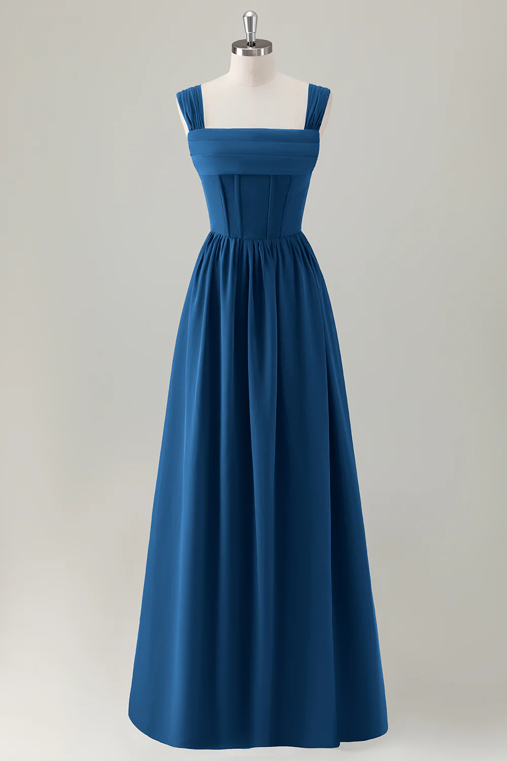 Champagne Corset A-Line Square Neck Long Bridesmaid Dress with Lace Up Back - JUORTHO