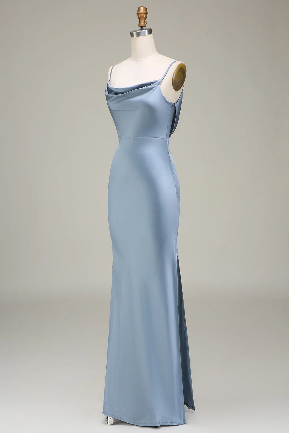 Dusty Blue Sheath Spaghetti Straps Satin Long Bridesmaid Dress - JUORTHO
