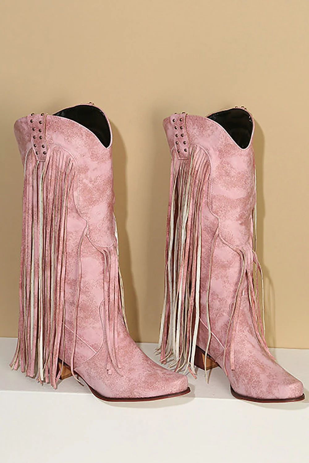 Blue Pointed Toe Wood Grain Thick Heel Boots with Tassel - JUORTHO