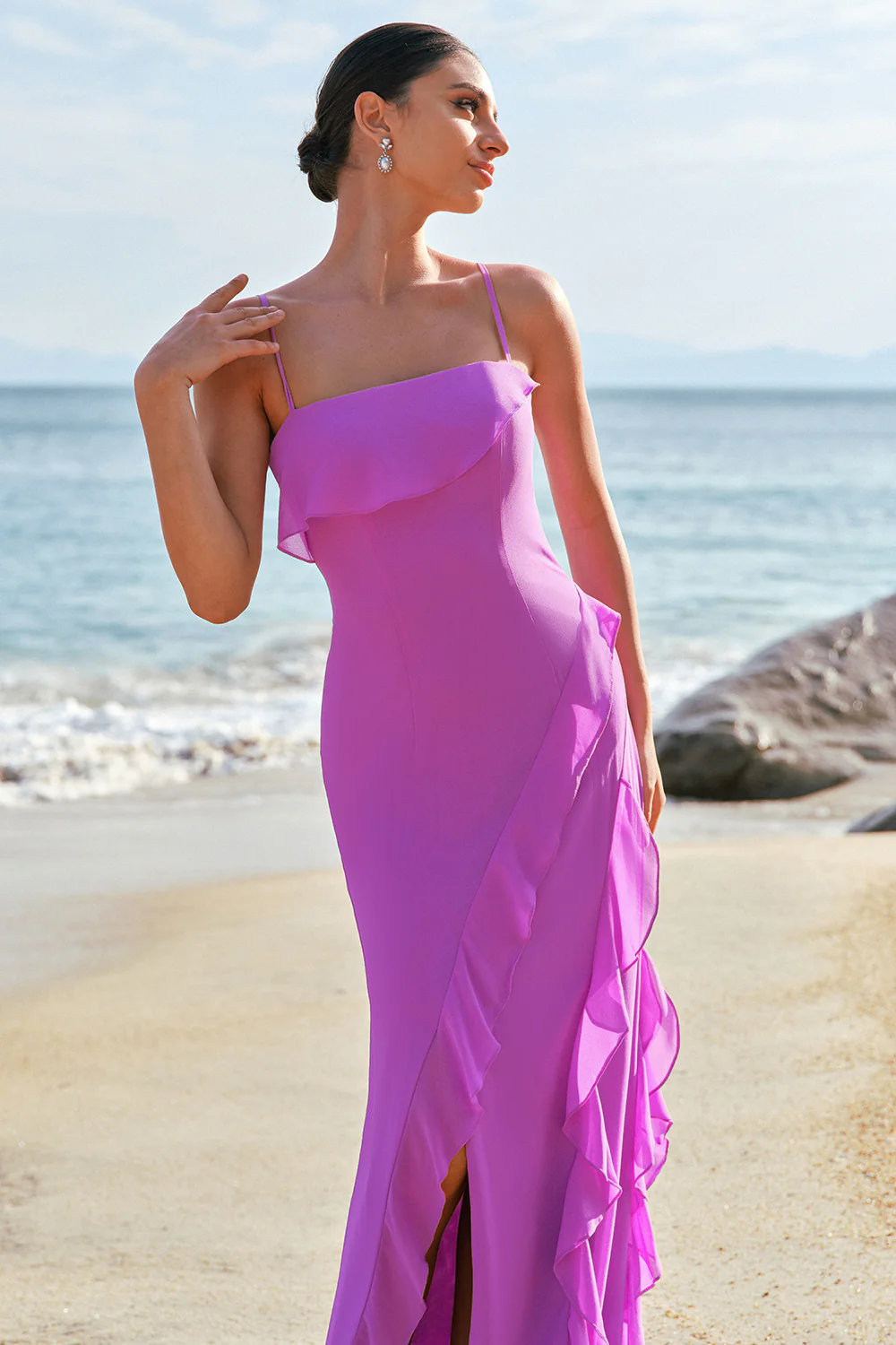 Tahiti Spaghetti Straps Chiffon Ruffled Long Bridesmaid Dress with Slit - JUORTHO