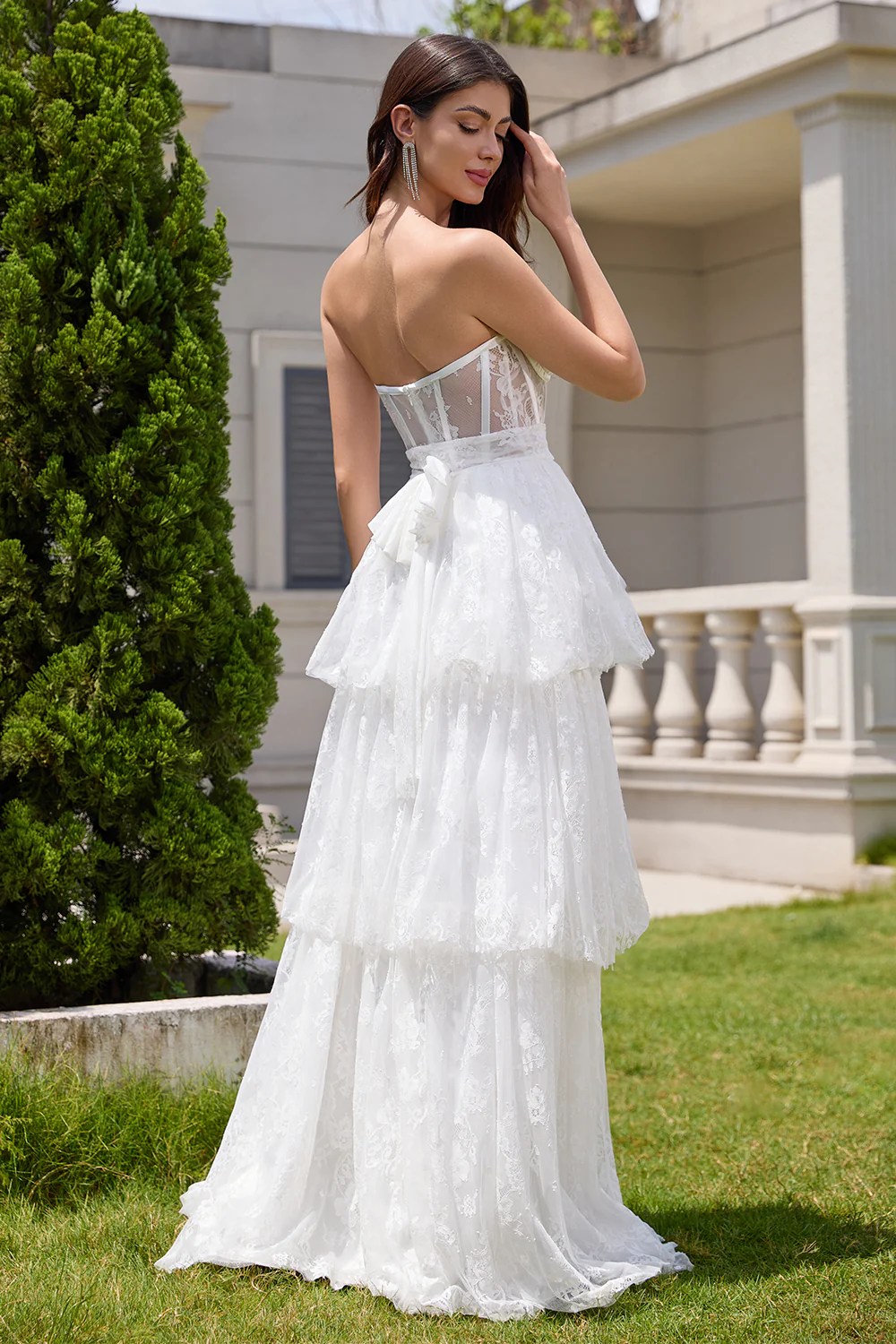 White Strapless A Line Corset Tiered Long Wedding Dress - JUORTHO