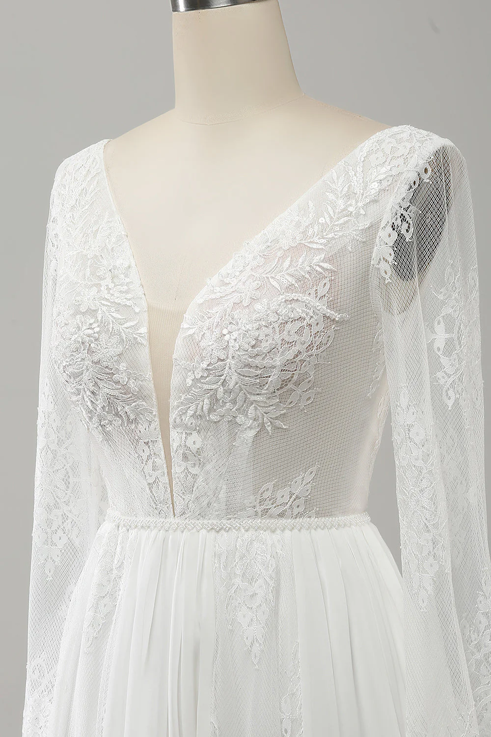 A Line V Neck Long Sleeve Beach Boho Wedding Dress with Lace Appliqued - JUORTHO
