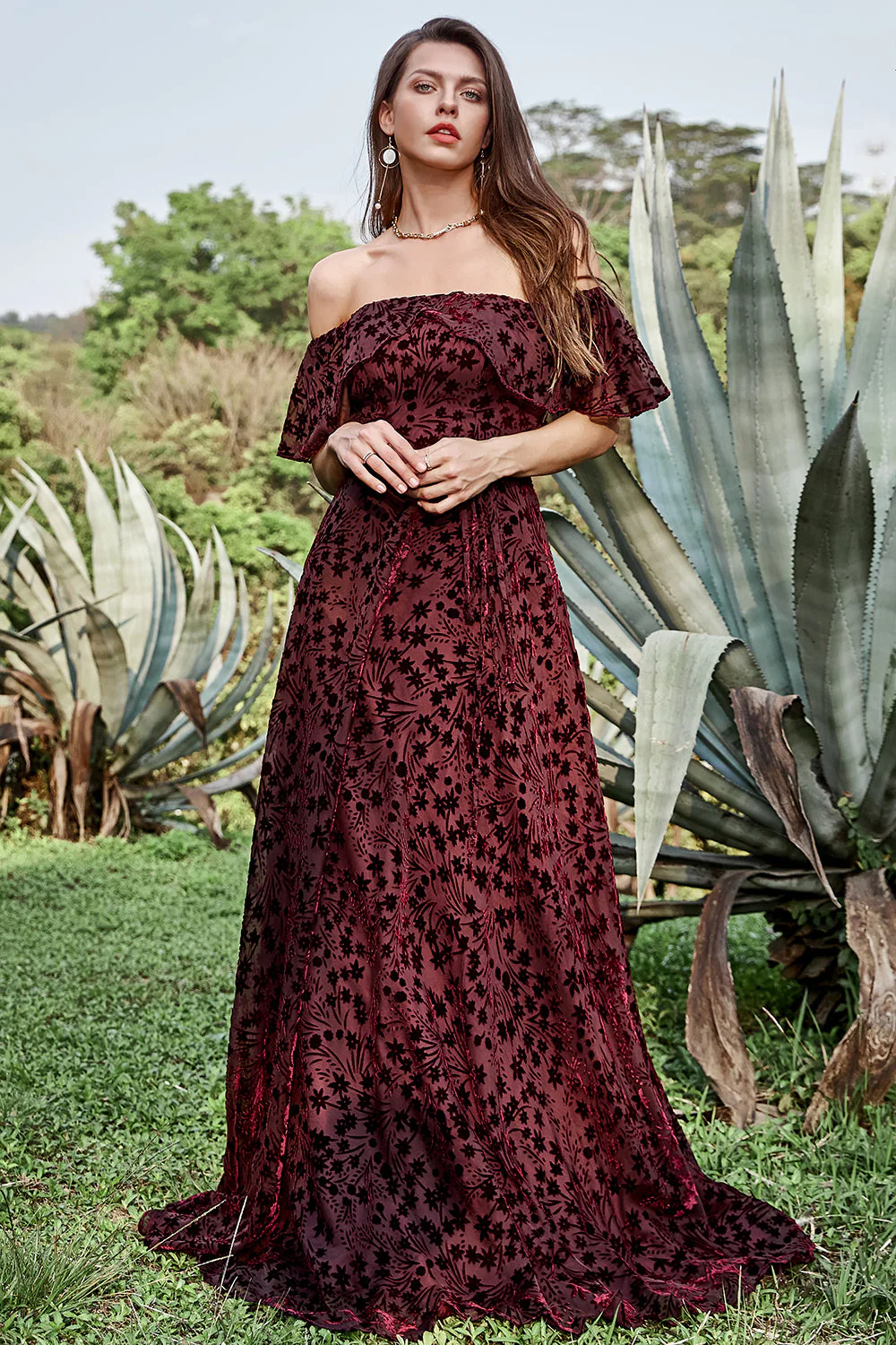 A Line Off the Shoulder Burgundy Long Prom Dress with Belt - JUORTHO