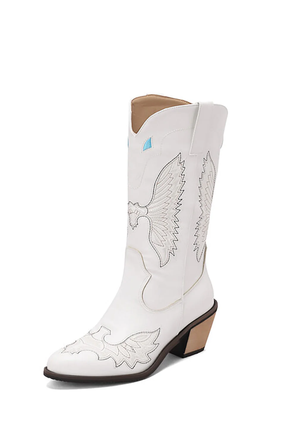 Black Embroidery Mid Calf Chunky Heel Western Boots - JUORTHO