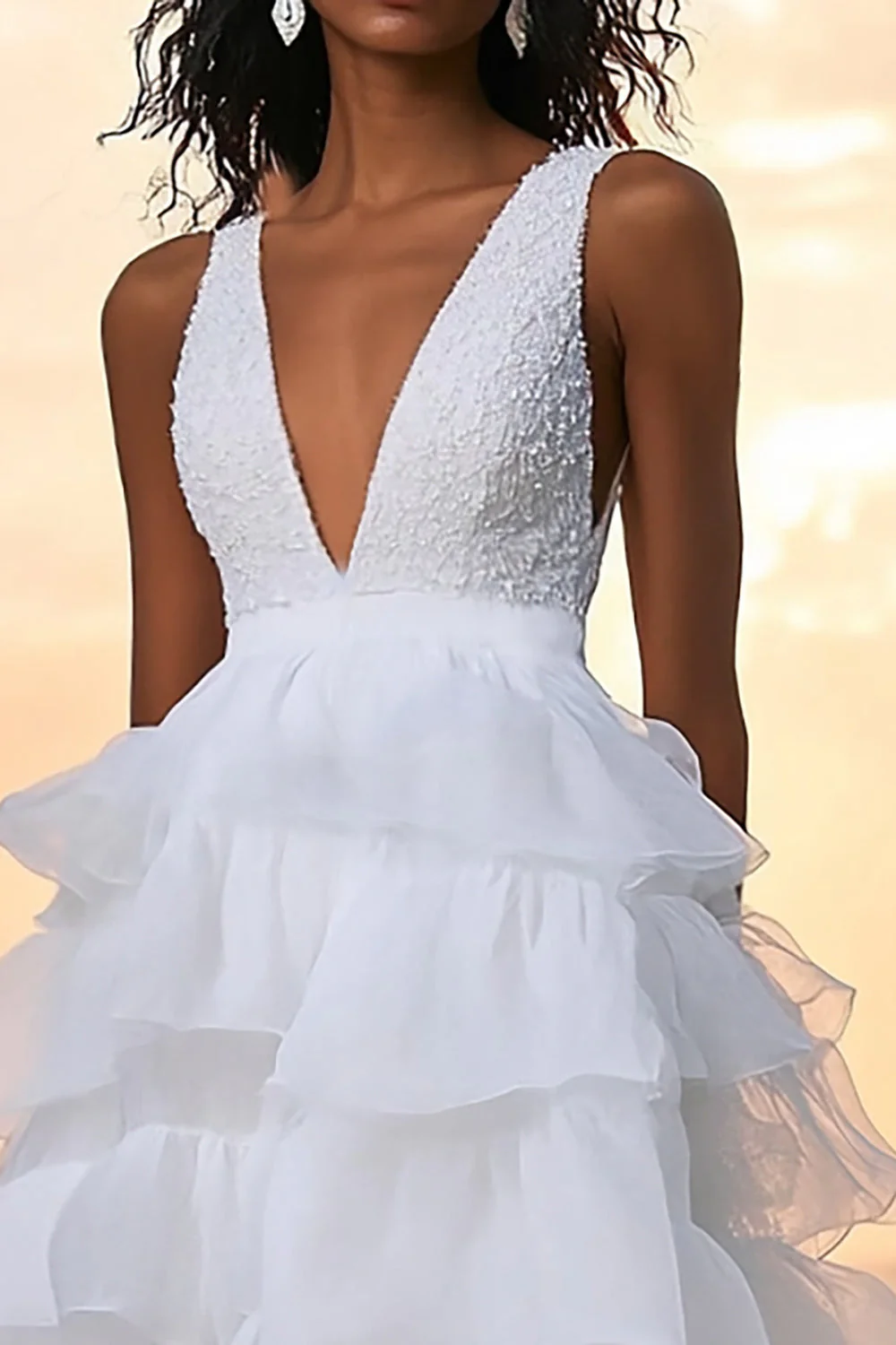 V-Neck White A Line Tulle Tiered Deep Long Graduation Dress - JUORTHO