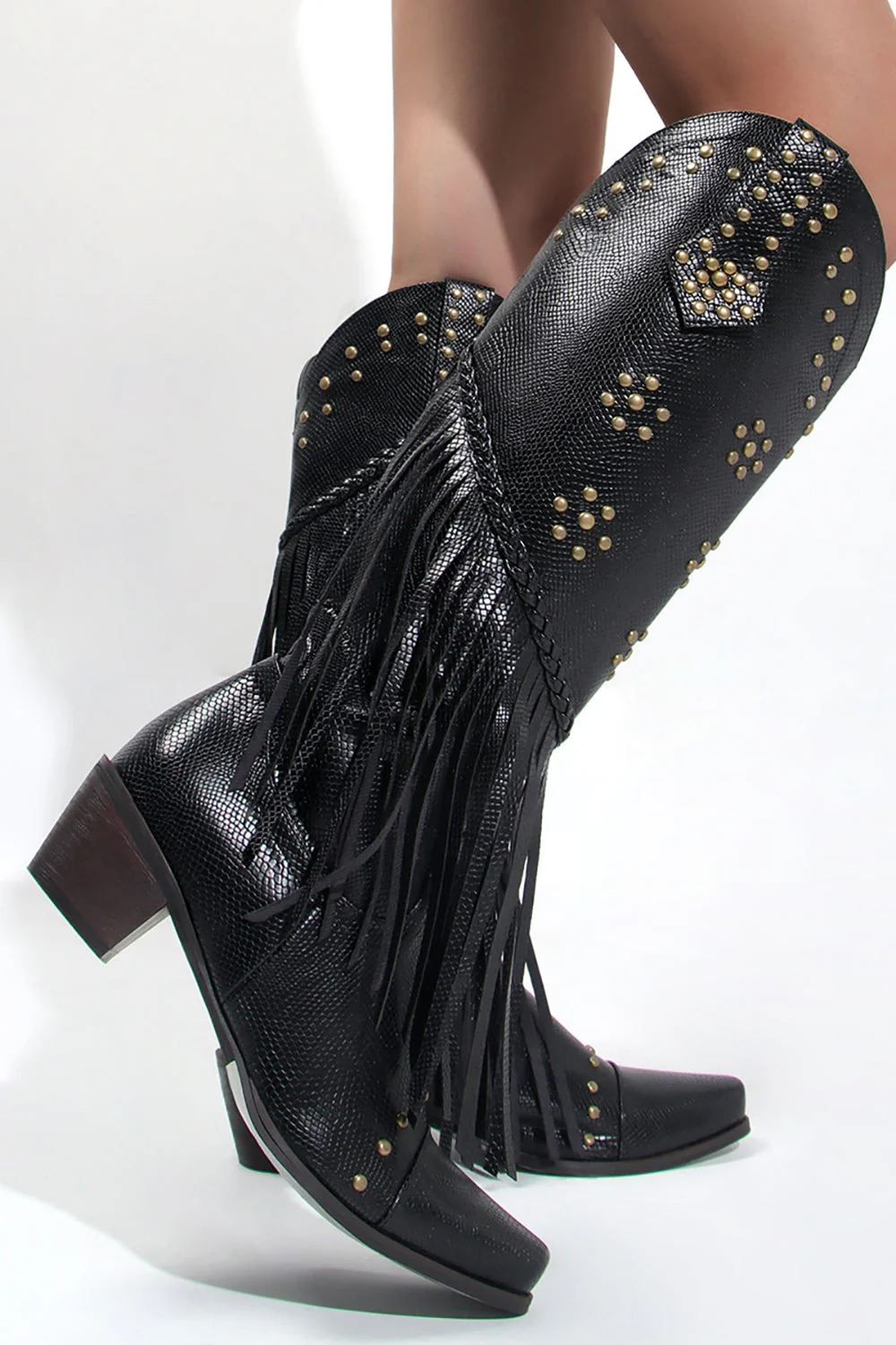 Women's Black Beaded Fringes Pointed Toe Chunky Hell Boots - JUORTHO
