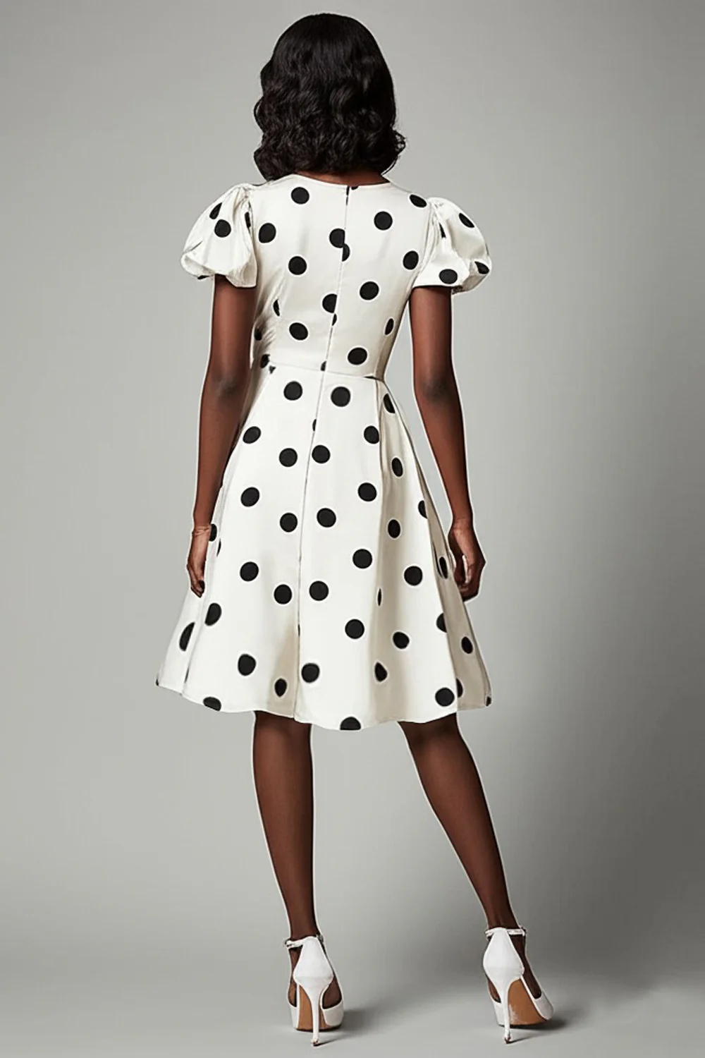 V-Neck Puff Sleeves Black and White Boho Short Satin Polka Dot Dress - JUORTHO