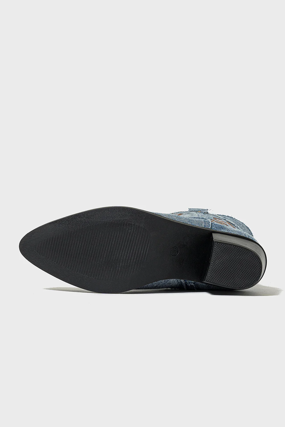 Dark Blue Embroidered Mid Calf Chunky Heel Cowgirl Boots - JUORTHO