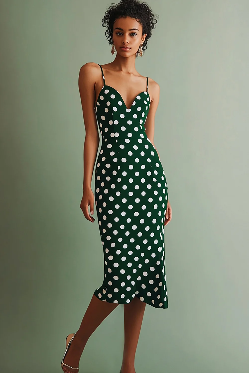 Chiffon Bodycon Green and White Spaghetti Straps Boho Midi Polka Dot Dress - JUORTHO