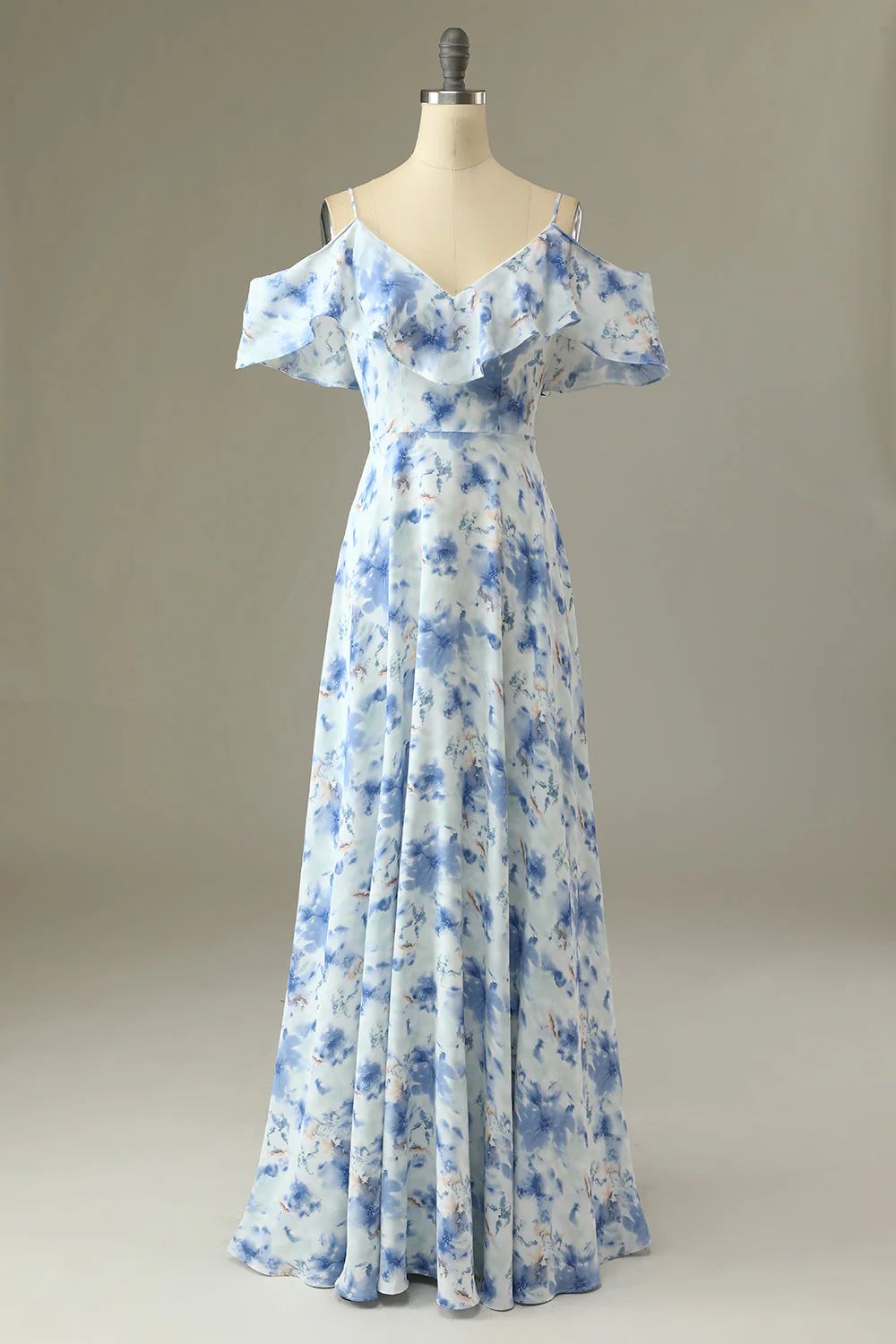 A Line Off the Shoulder Blue Floral Print Long Bridesmaid Dress - JUORTHO