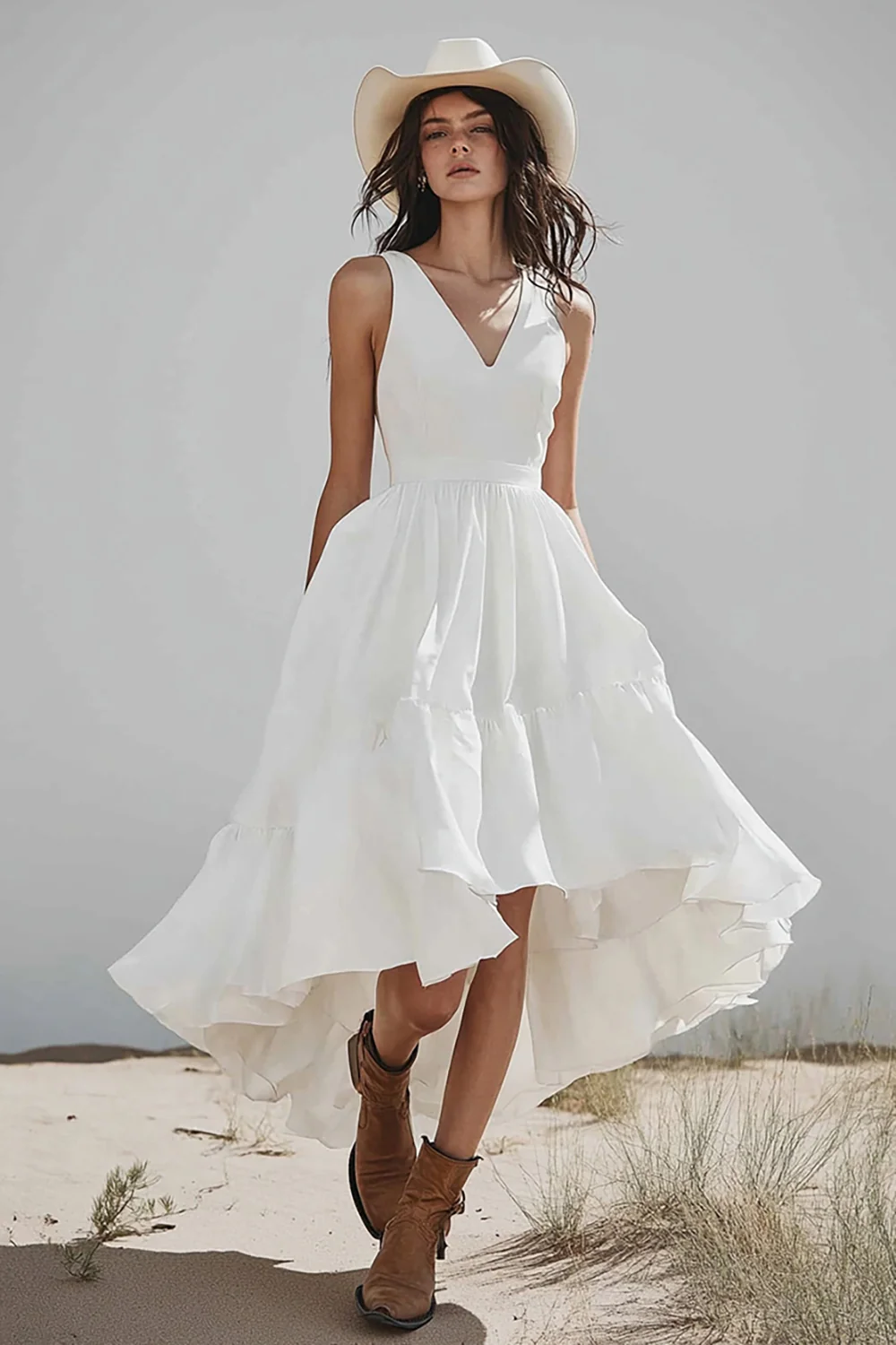 Ivory A Line High-Low Boho Western Wedding Dress - JUORTHO