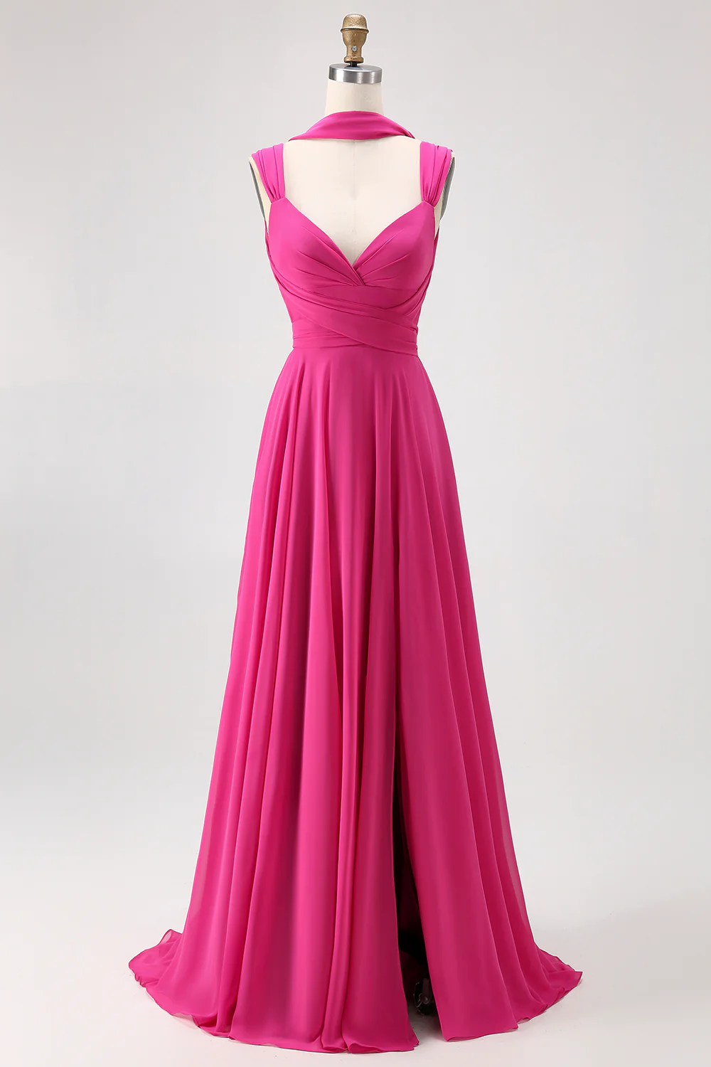 Fuchsia A Line Chiffon Long Bridesmaid Dress with Slit - JUORTHO