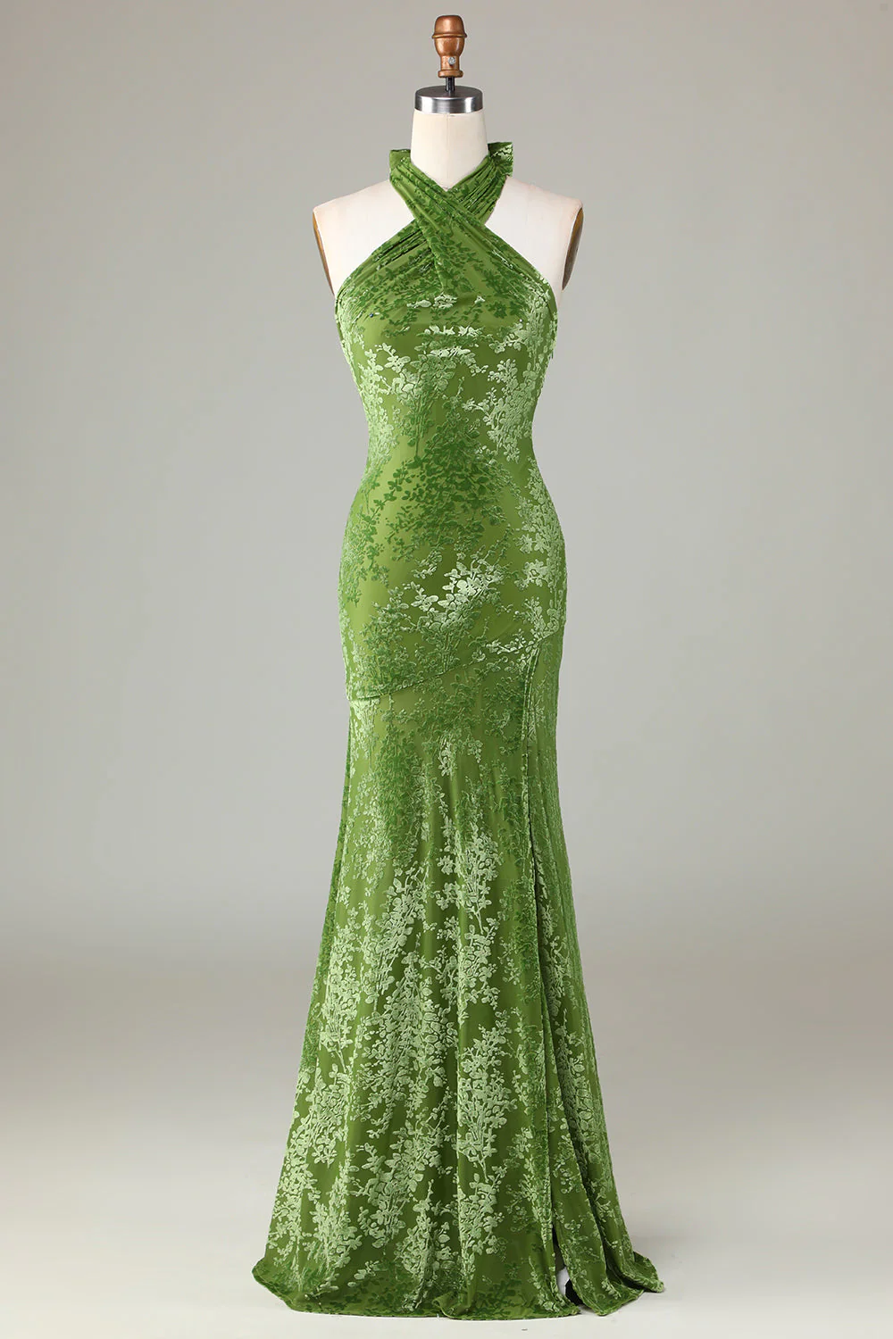 Velvet Halter Olive Holiday Party Dress - JUORTHO