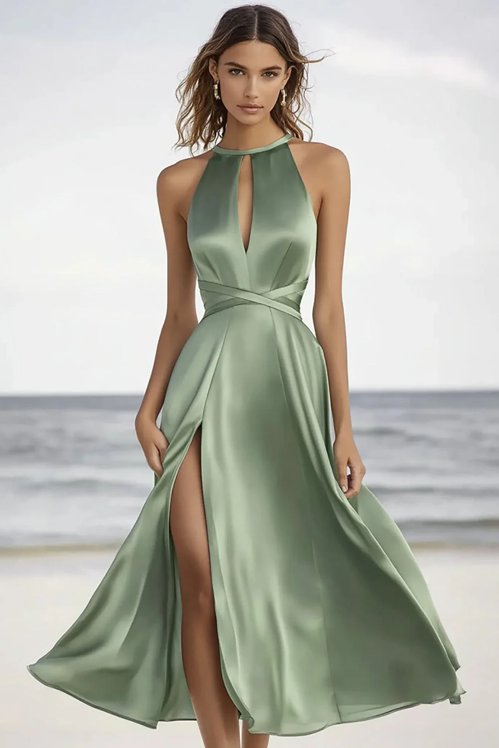 Dusty Sage A Line Keyhole Long Formal Dress with Slit - JUORTHO