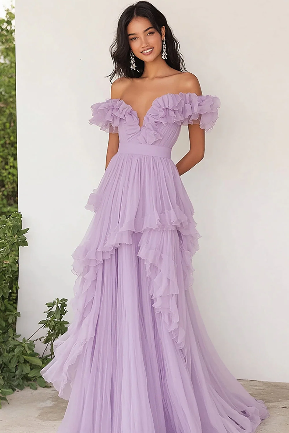 Lilac Chiffon A Line Long Off the Shoulder Prom Dress with Ruffles - JUORTHO