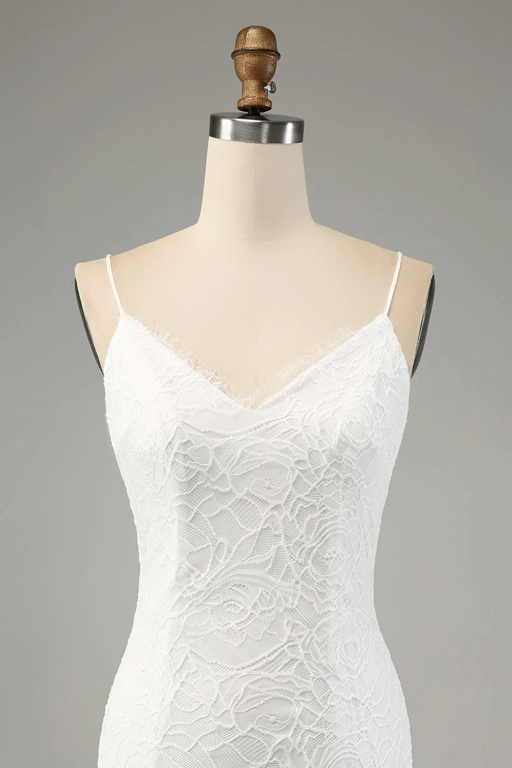 Ivory Mermaid Lace Spaghetti Straps Wedding Dress with Slit - JUORTHO