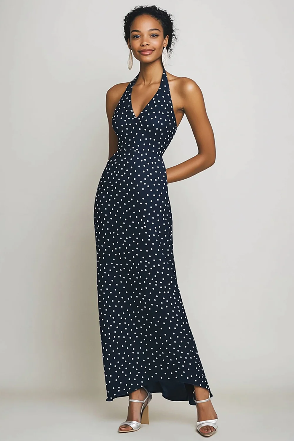 Halter Navy and White Sheath Boho Maxi Chiffon Polka Dot Dress - JUORTHO