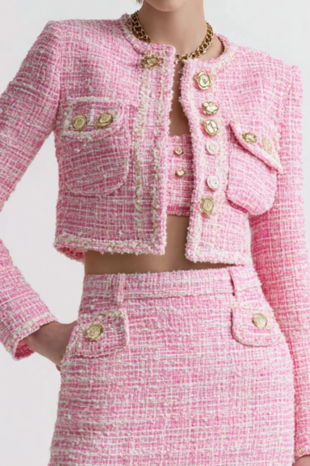 Pink Tweed 3 Piece Short Blazer Homecoming Outfits with Pockets - JUORTHO