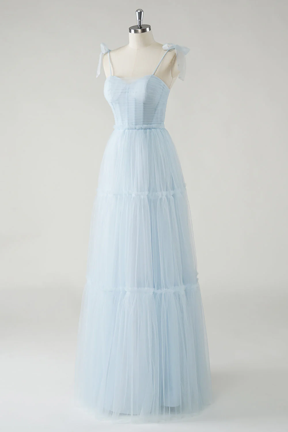 A-Line Bow Tie Straps Sky Blue Tulle Long Bridesmaid Dress - JUORTHO