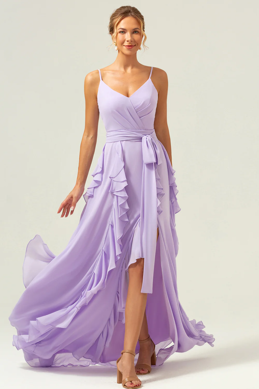 Lilac A-Line Spaghetti Straps Long Bridesmaid Dress With Slit - JUORTHO