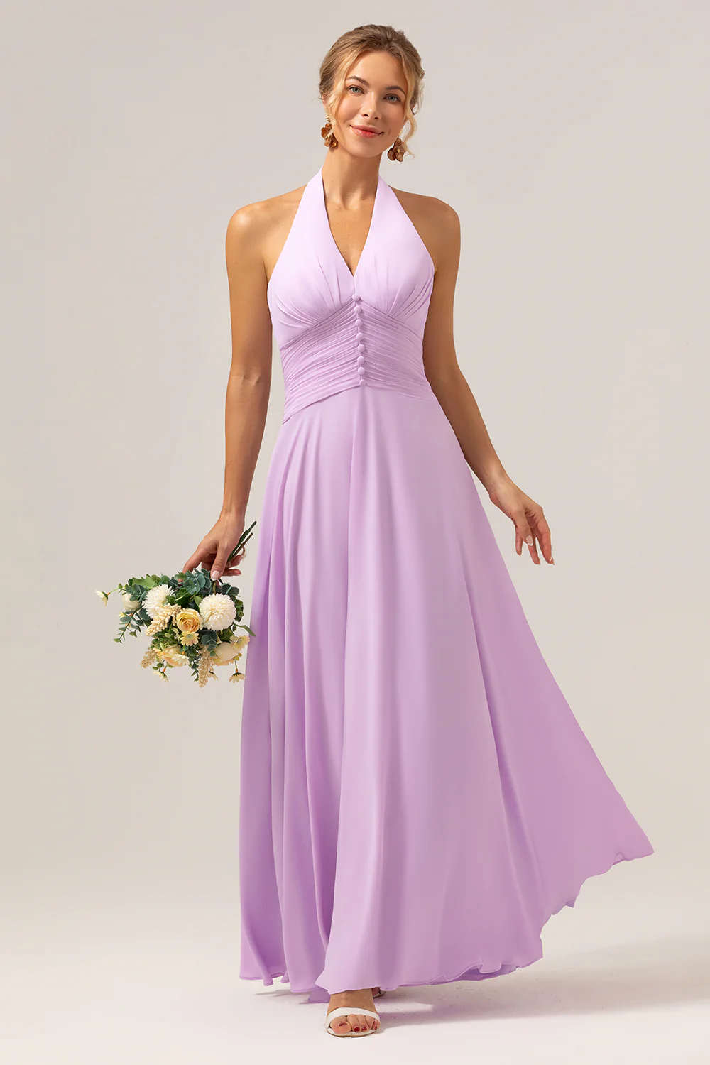 Purple A Line Halter Chiffon Long Bridesmaid Dress - JUORTHO