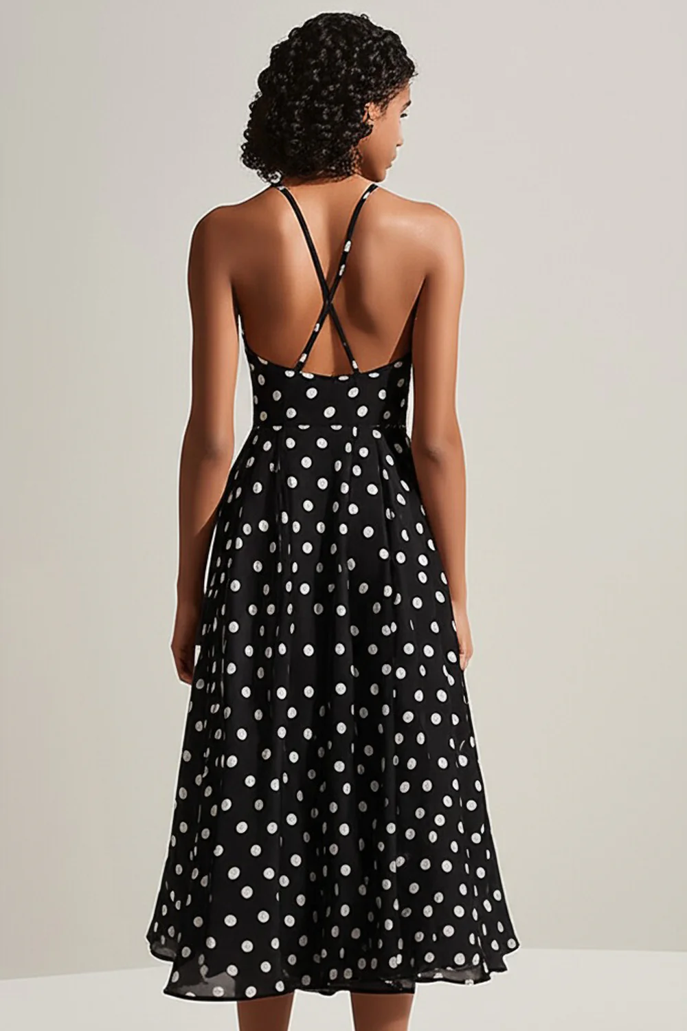 A Line Black and White Boho Chiffon Spaghetti Straps Midi Polka Dot Dress - JUORTHO
