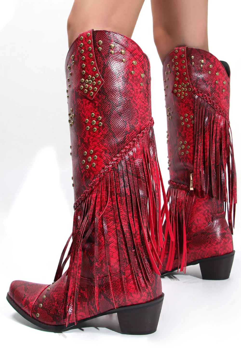 Women's Black Beaded Fringes Pointed Toe Chunky Hell Boots - JUORTHO