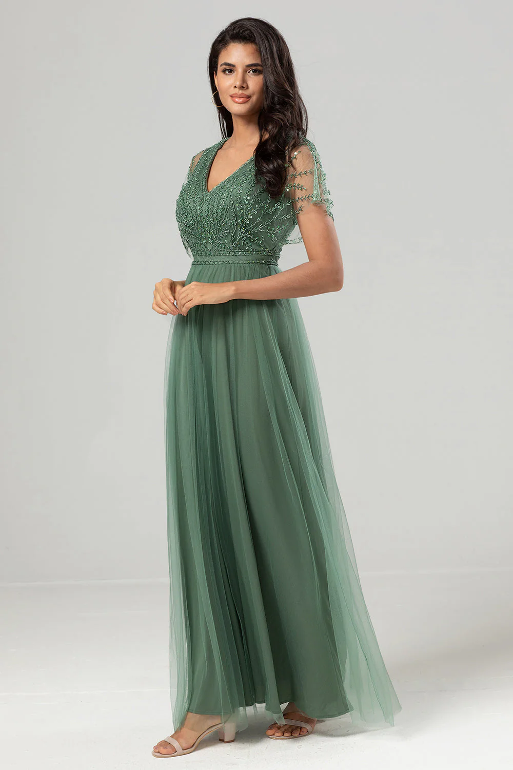 Epitome of Romance A-Line V Neck Eucalyptus Long Bridesmaid Dress with Beading - JUORTHO