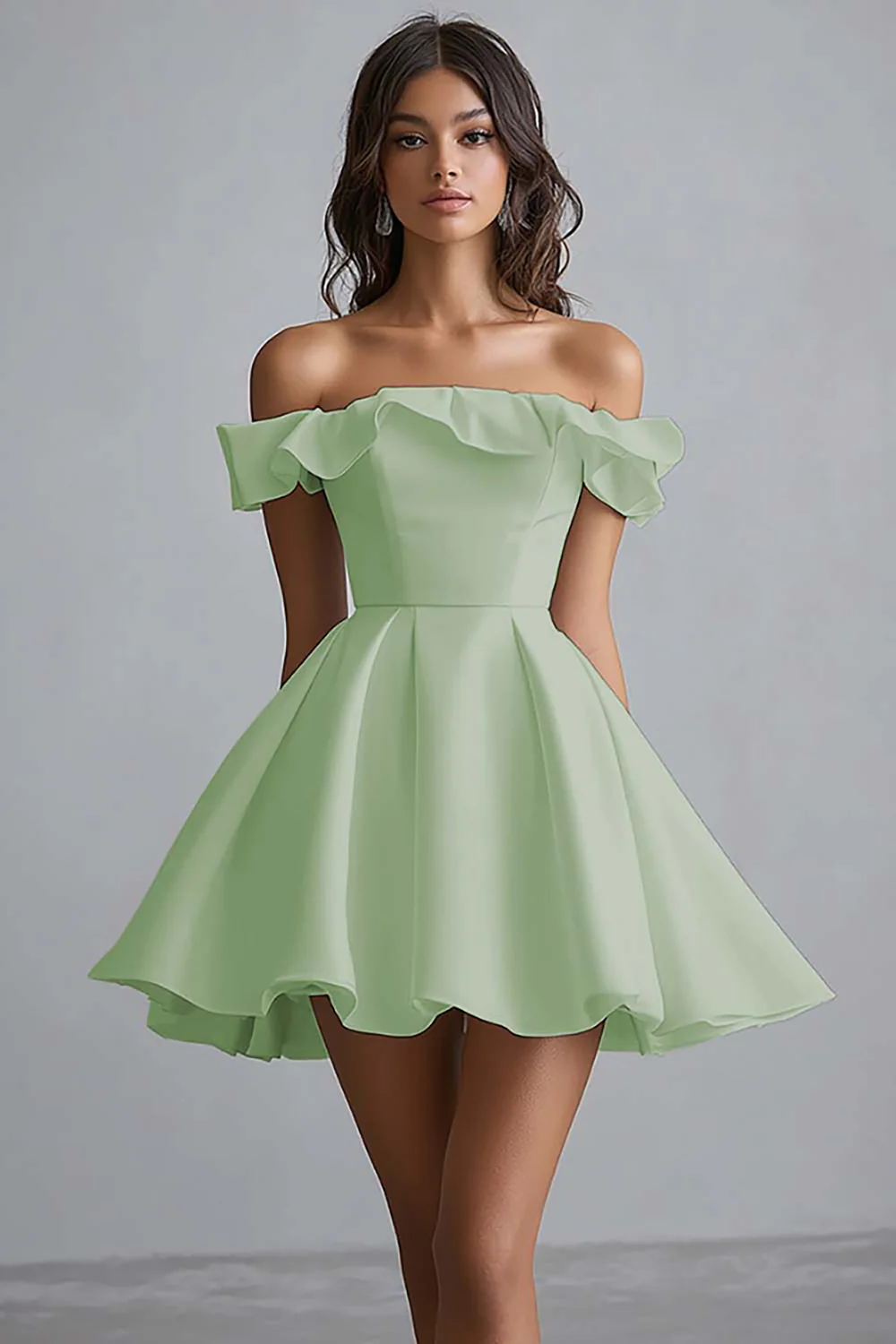 A Line White Satin Off the Shoulder Mini Graduation Dress with Ruffles - JUORTHO