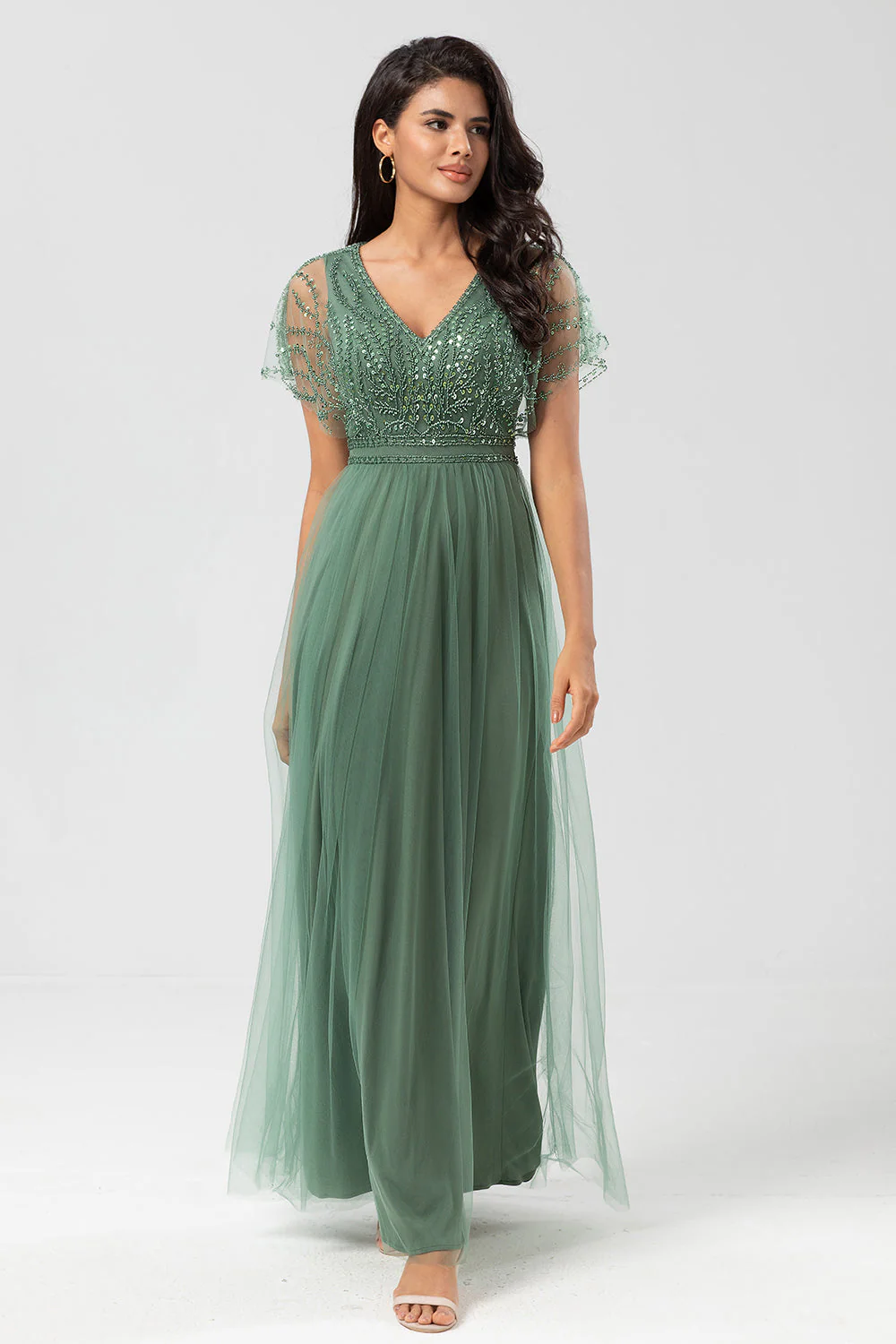 Epitome of Romance A-Line V Neck Eucalyptus Long Bridesmaid Dress with Beading - JUORTHO