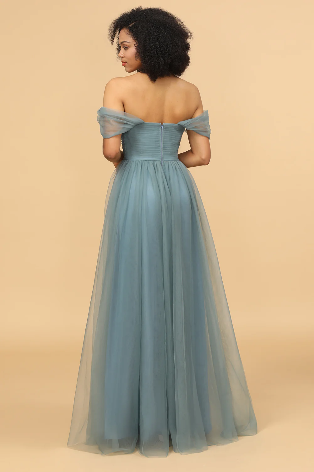 Off The Shoulder Grey Blue Long Bridesmaid Dress - JUORTHO
