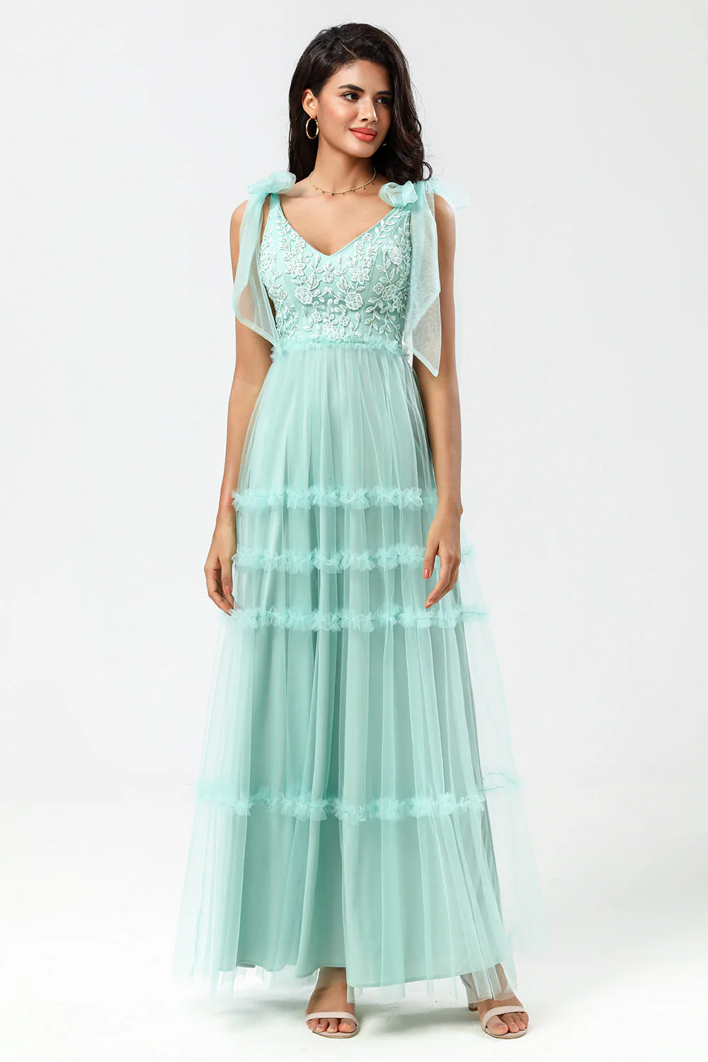 Keeper of My Heart A-Line V Neck Dusty Pink Long Bridesmaid Dress with Beading - JUORTHO