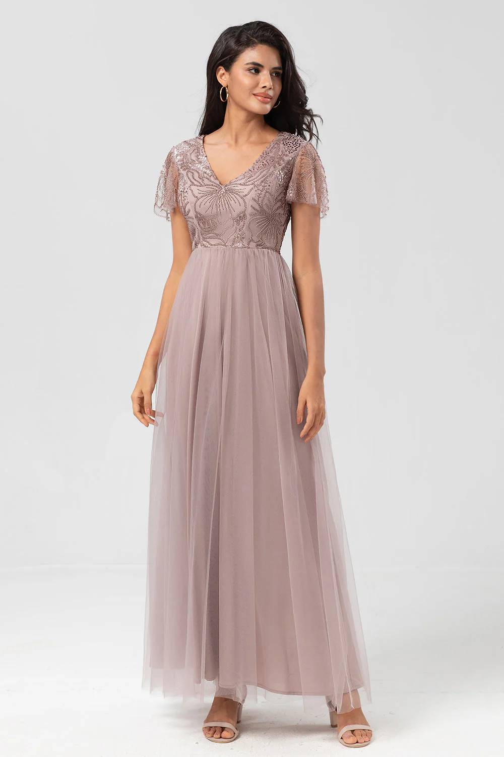 Confidently Charismatic A Line V Neck Dusty Blue Long Bridesmaid Dress with Beading - JUORTHO