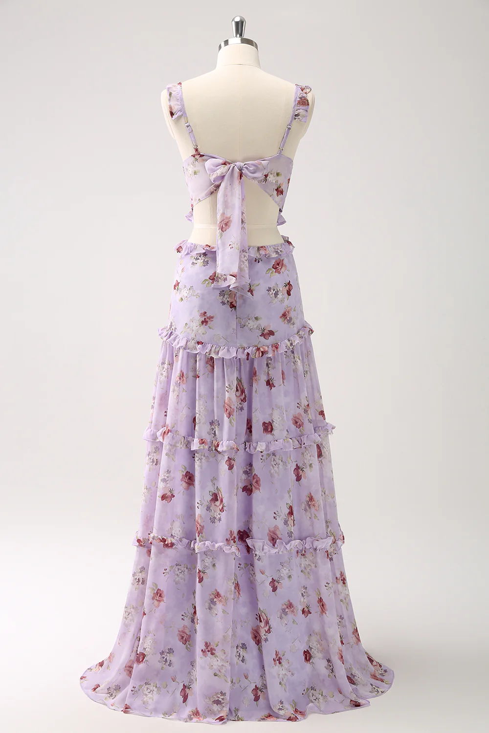 Grey Purple Floral A Line Long Bridesmaid Dress - JUORTHO