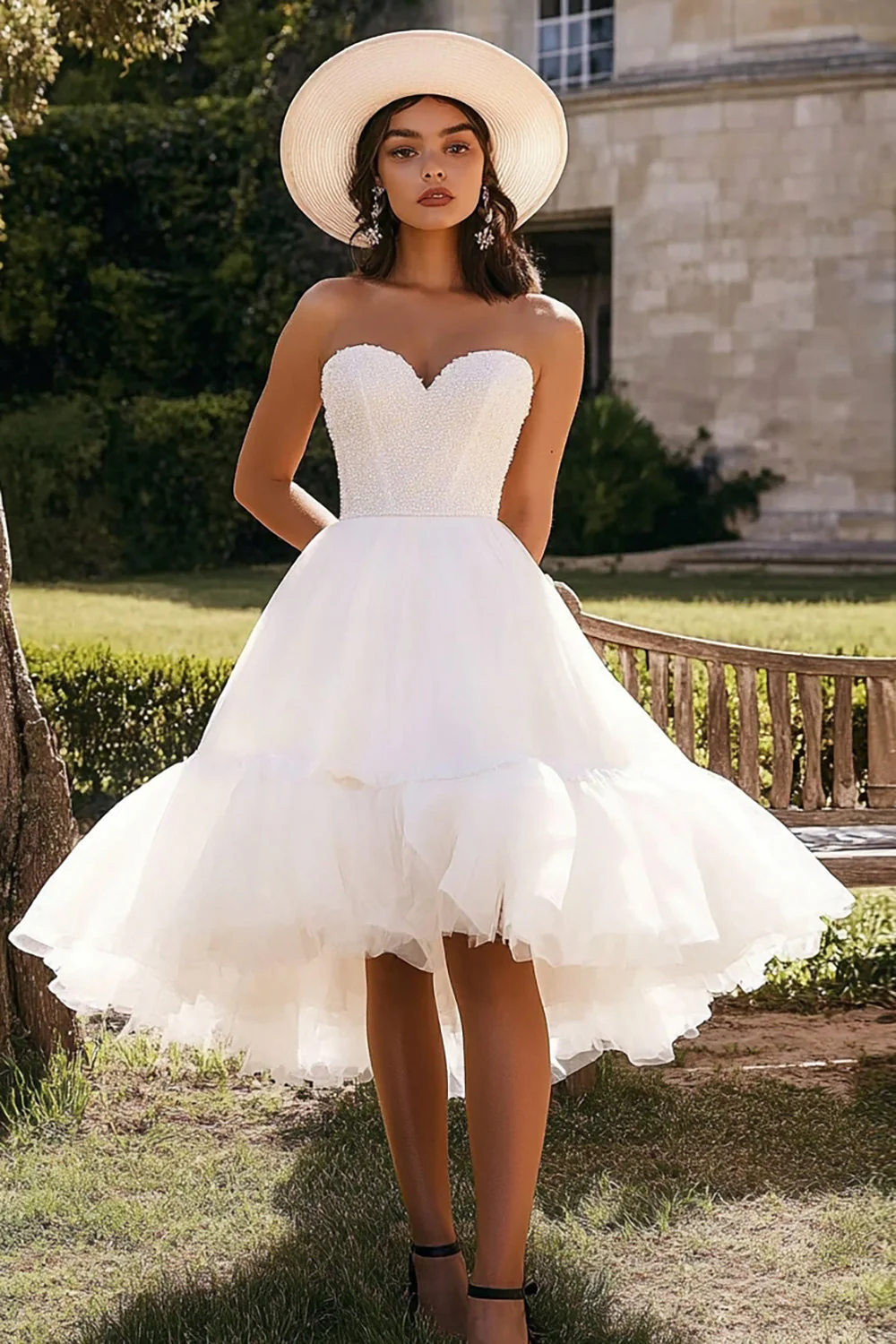 White Tulle Strapless A Line Engagement Dress with Ruffles - JUORTHO