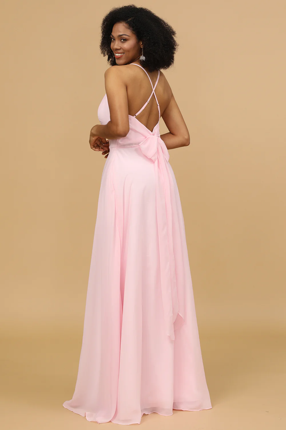 Spaghetti Straps Pink Chiffon Bridesmaid Dress with Pocket - JUORTHO