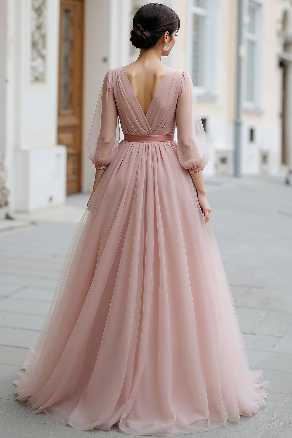 Dusty Rose V-Neck Tulle A-Line Long Bridesmaid Dress with Sleeves - JUORTHO