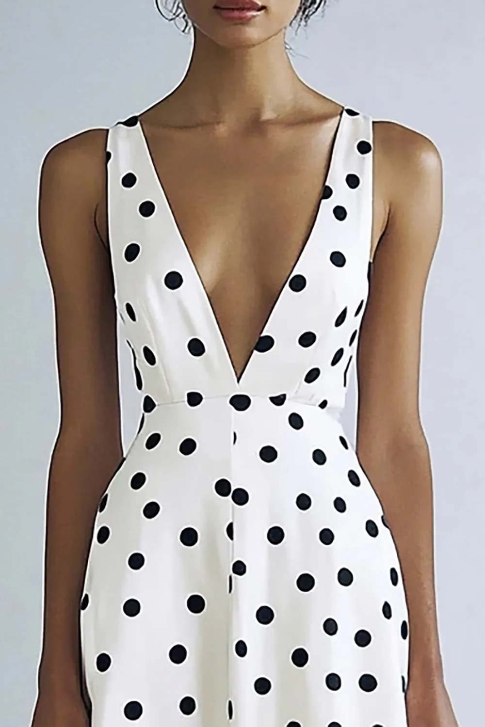 Satin Black and White Deep V-Neck A Line Boho Maxi Polka Dot Dress - JUORTHO