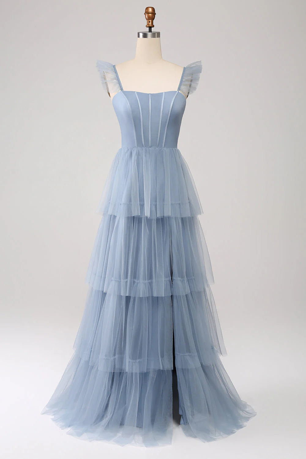 Dusty Blue A Line Tiered Tulle Corset Bridesmaid Dress with Slit - JUORTHO