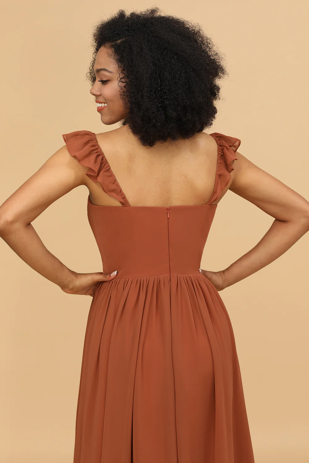 Terracotta A-line Straps Chiffon Bridesmaid Dress - JUORTHO