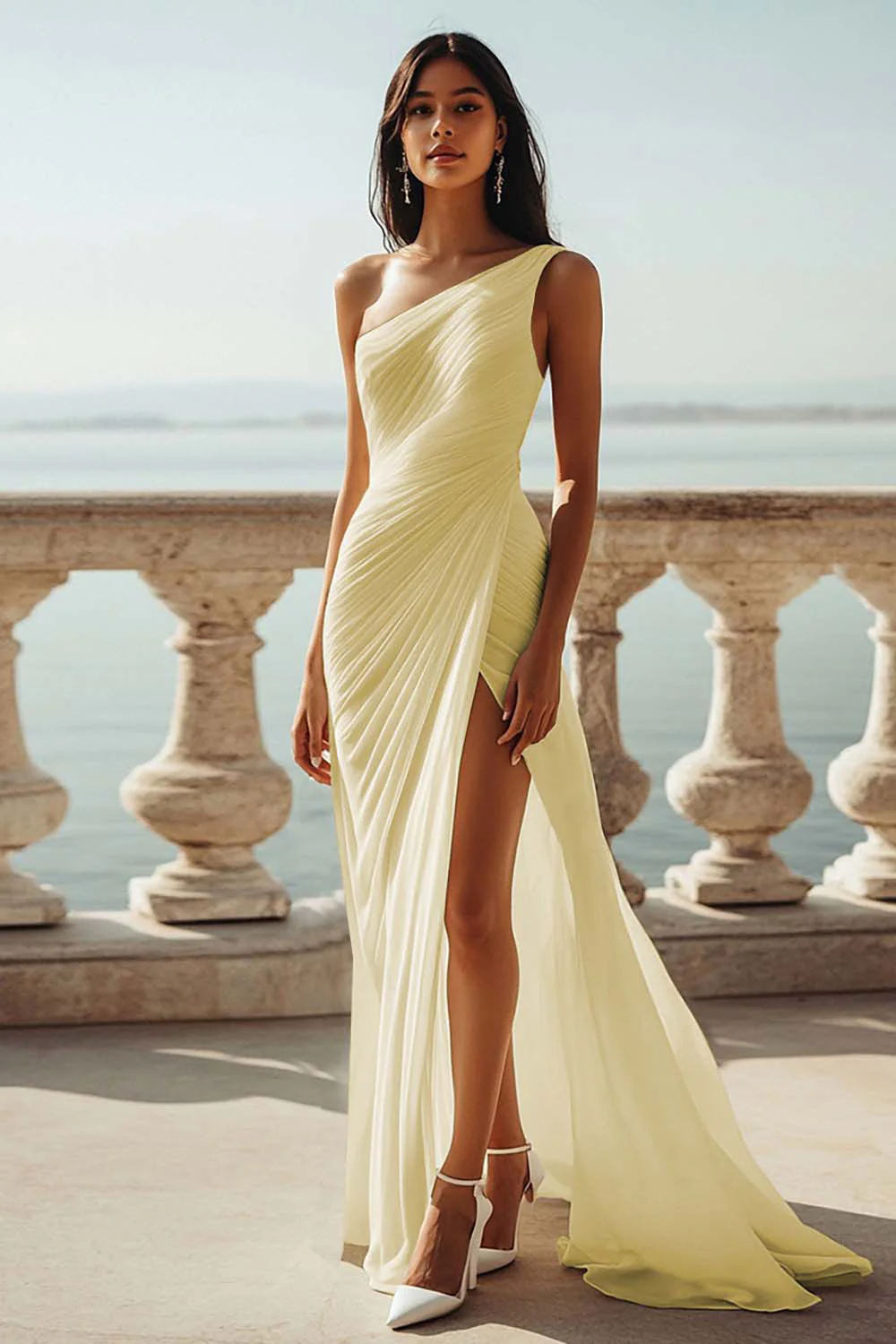 Sky Blue One Shoulder Beach Maxi Formal Dress with Slit - JUORTHO