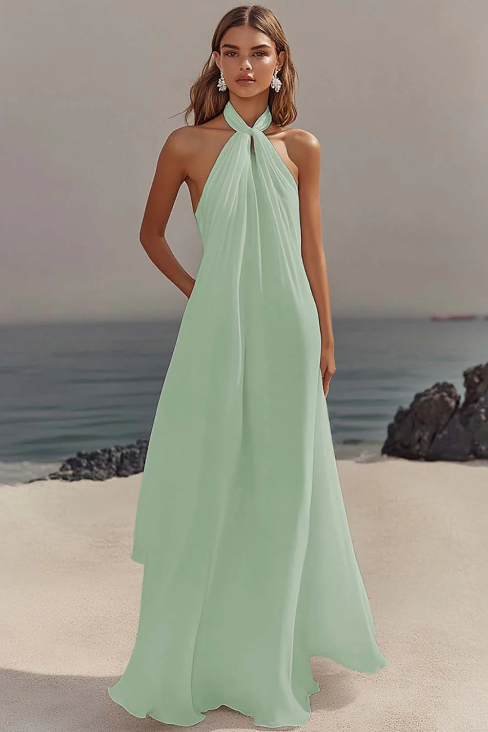 Chiffon White A Line Halter Long Rehearsal Dinner Dress - JUORTHO