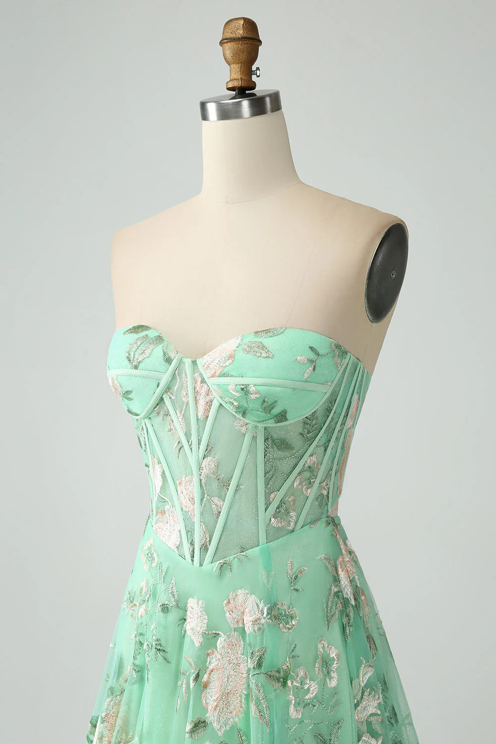 A-Line Light Green Corset Prom Dress with Embroidery - JUORTHO