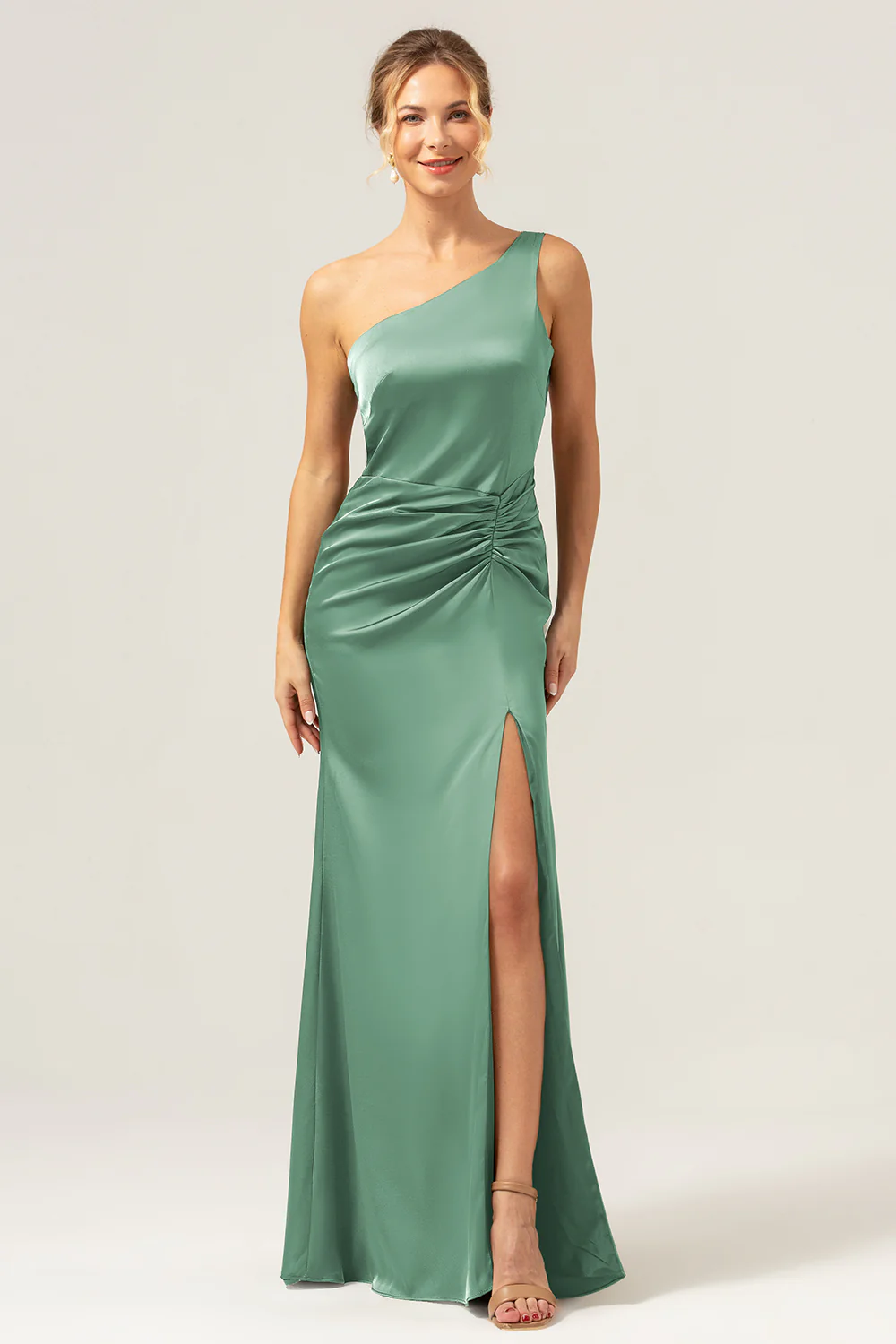 Olive One Shoulder Mermaid Satin Long Bridesmaid Dress with Slit - JUORTHO