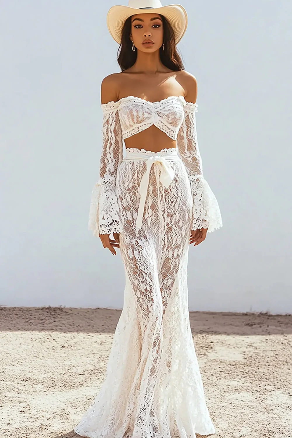 Two Piece White Lace Boho Maxi Dress with Long Sleeves - JUORTHO